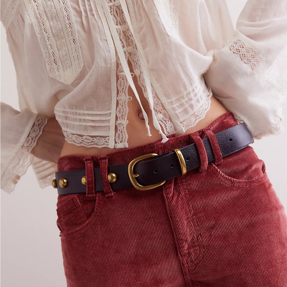 Free People Rhodes Black and Gold Studded Belt with Gold Metal Buckle